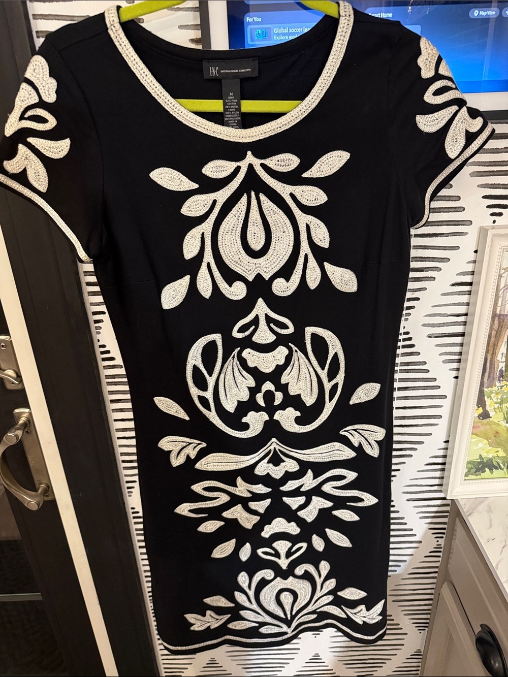 INC International Concepts Black Midi Dress with White Embroidered Motif